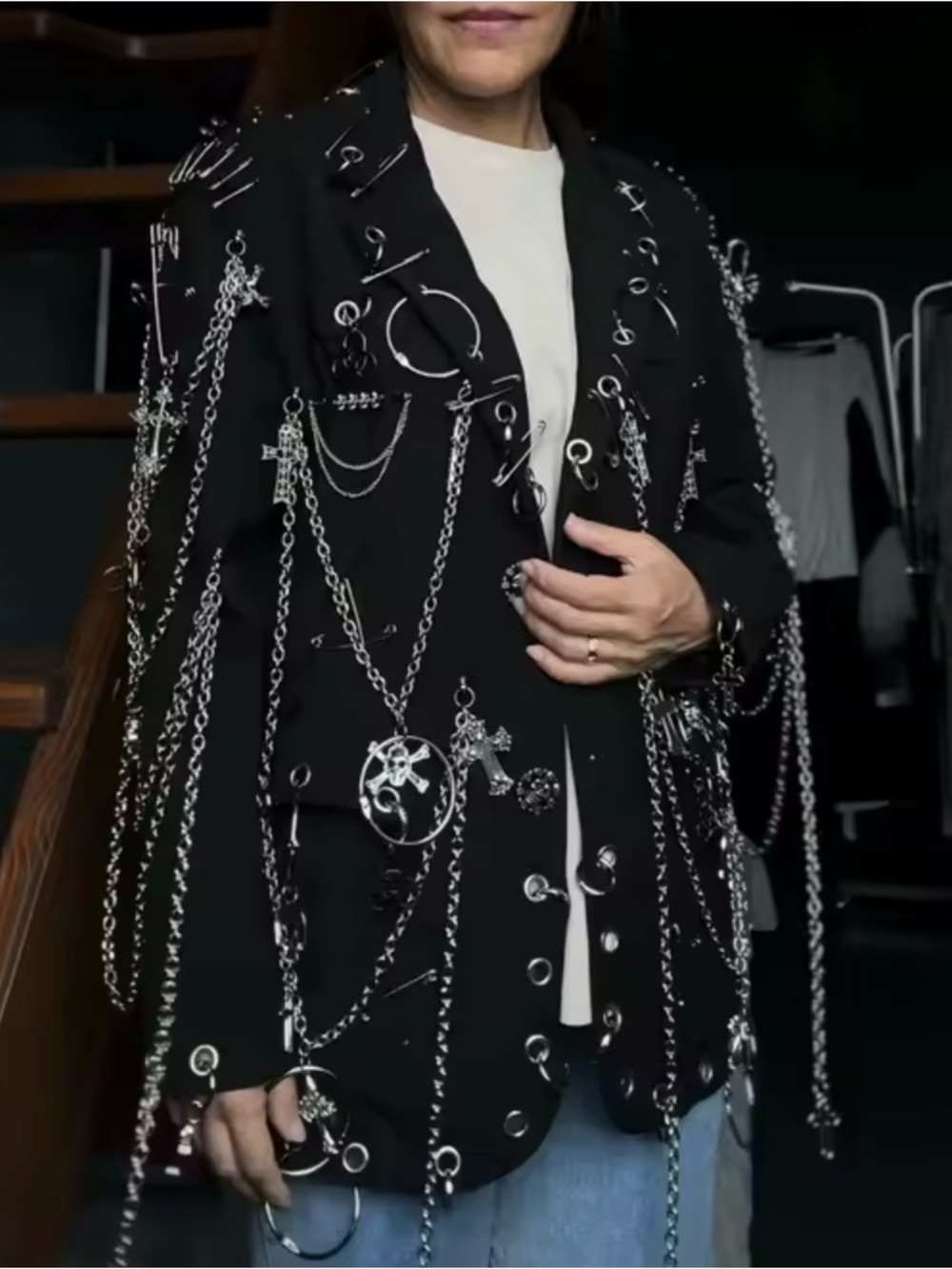 Black Safety Pin & Chain Embellished Blazer